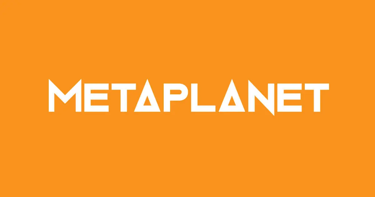 Metaplanet logo with white text on an orange background.
