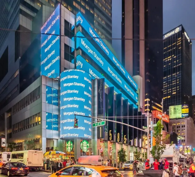 Morgan Stanley headquarters building in New York adorned with blue signage.