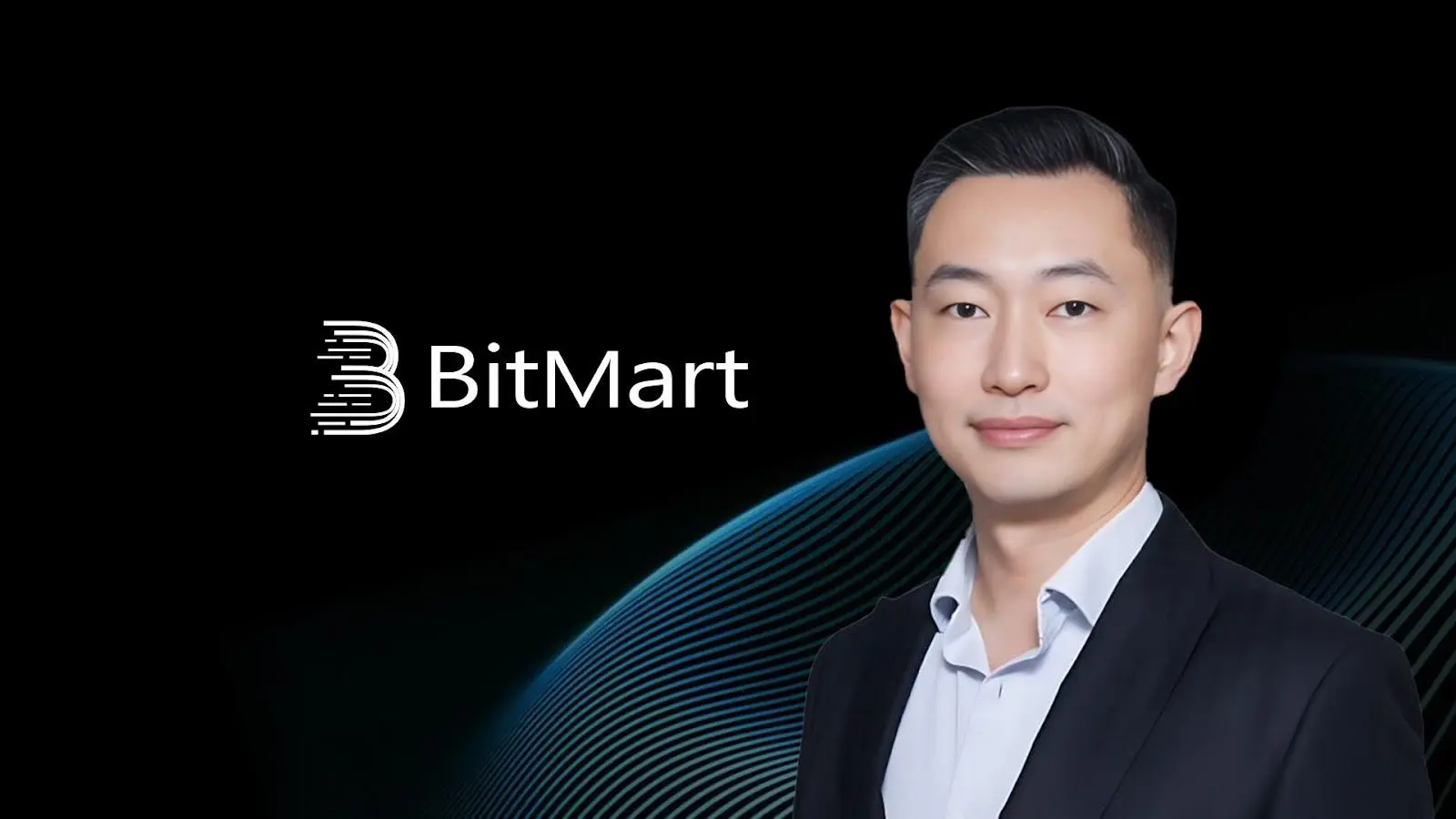 Portrait of Nenter Chow, CEO of BitMart, standing next to the BitMart company logo on a dark background