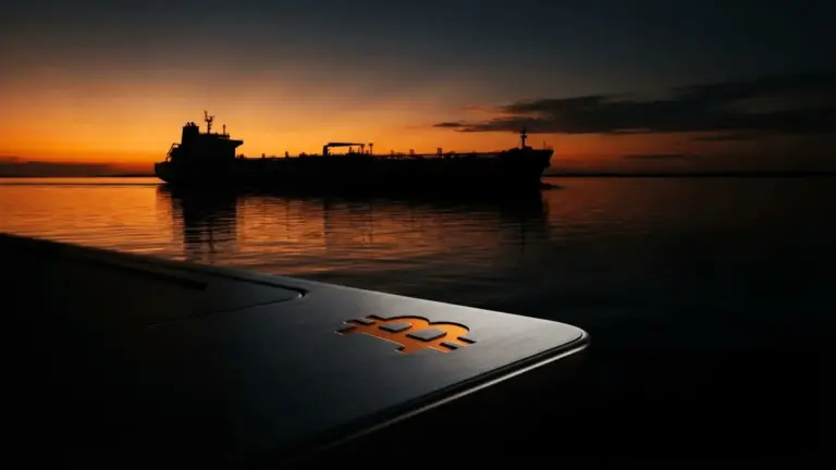 Oil tanker silhouette at dusk with Bitcoin symbol on dark metallic surface