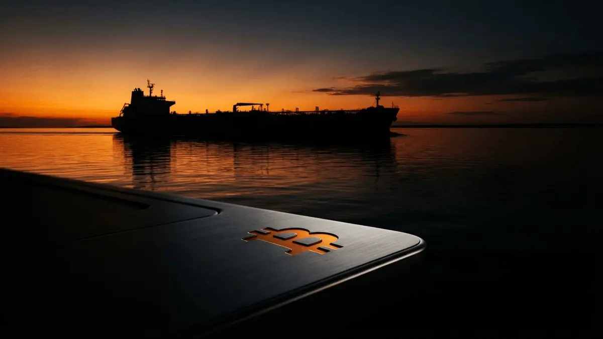 Oil tanker silhouette at dusk with Bitcoin symbol on dark metallic surface