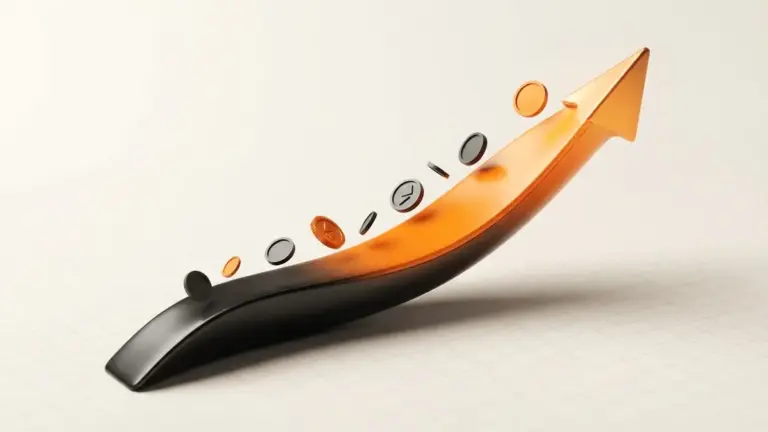 Rising 3D gradient curve visualization showing upward token progression with orange and black finance-themed design