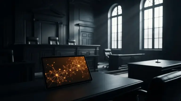 Dramatic courtroom interior with glowing cryptocurrency display, emphasizing legal battle and institutional tension