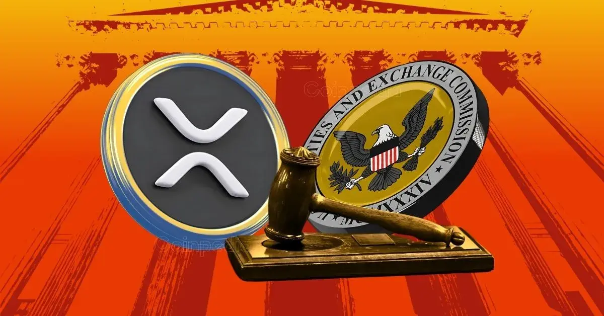 XRP logo, SEC emblem, and a gavel on an orange background.