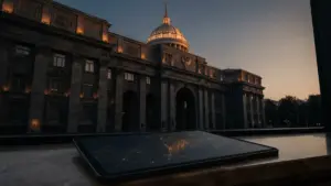 Russian government building with digital blockchain network overlay at dusk
