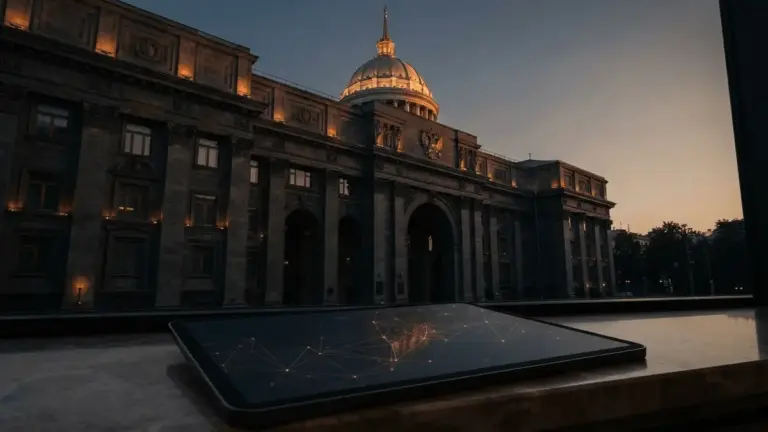 Russian government building with digital blockchain network overlay at dusk