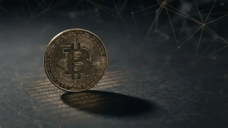 Bitcoin coin on dark surface with glowing protocol code and blockchain network lines in orange and gold lighting
