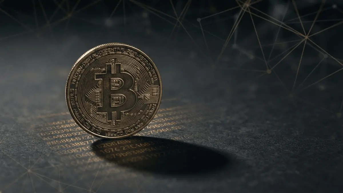 Bitcoin coin on dark surface with glowing protocol code and blockchain network lines in orange and gold lighting