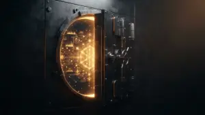 Secure digital vault door with glowing blockchain patterns representing crypto asset storage and regulation
