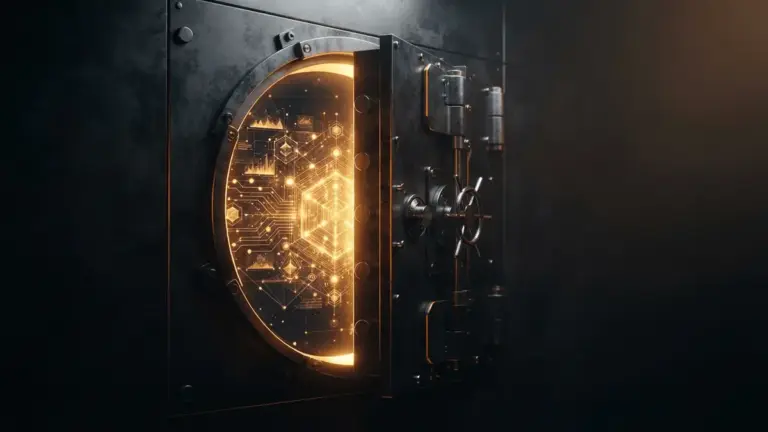 Secure digital vault door with glowing blockchain patterns representing crypto asset storage and regulation