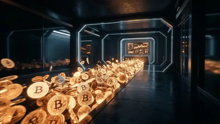 Bitcoin and Ethereum coins flowing toward institutional trading terminal in dark futuristic vault