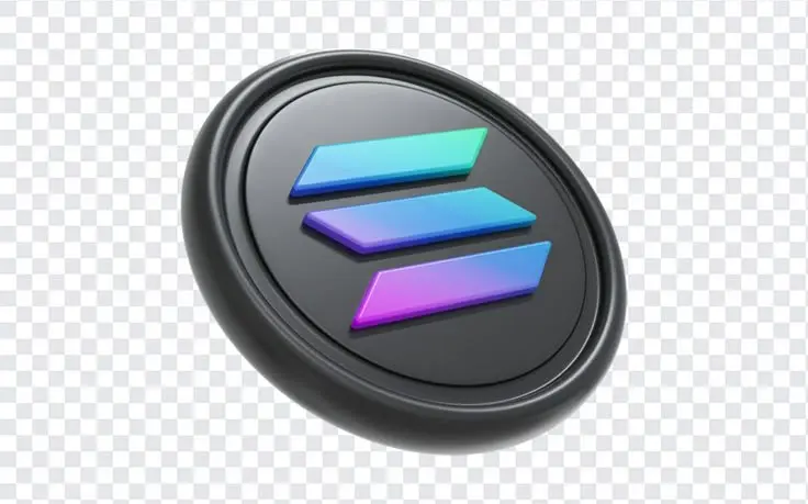 3D rendered Solana cryptocurrency token featuring a gradient logo on a black coin