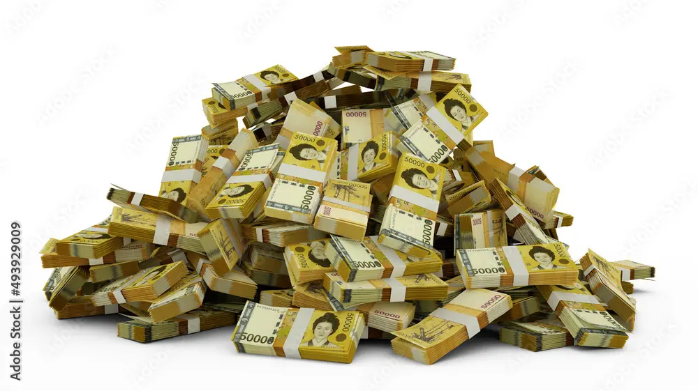 A large pile of South Korean Won banknotes arranged in bundles.