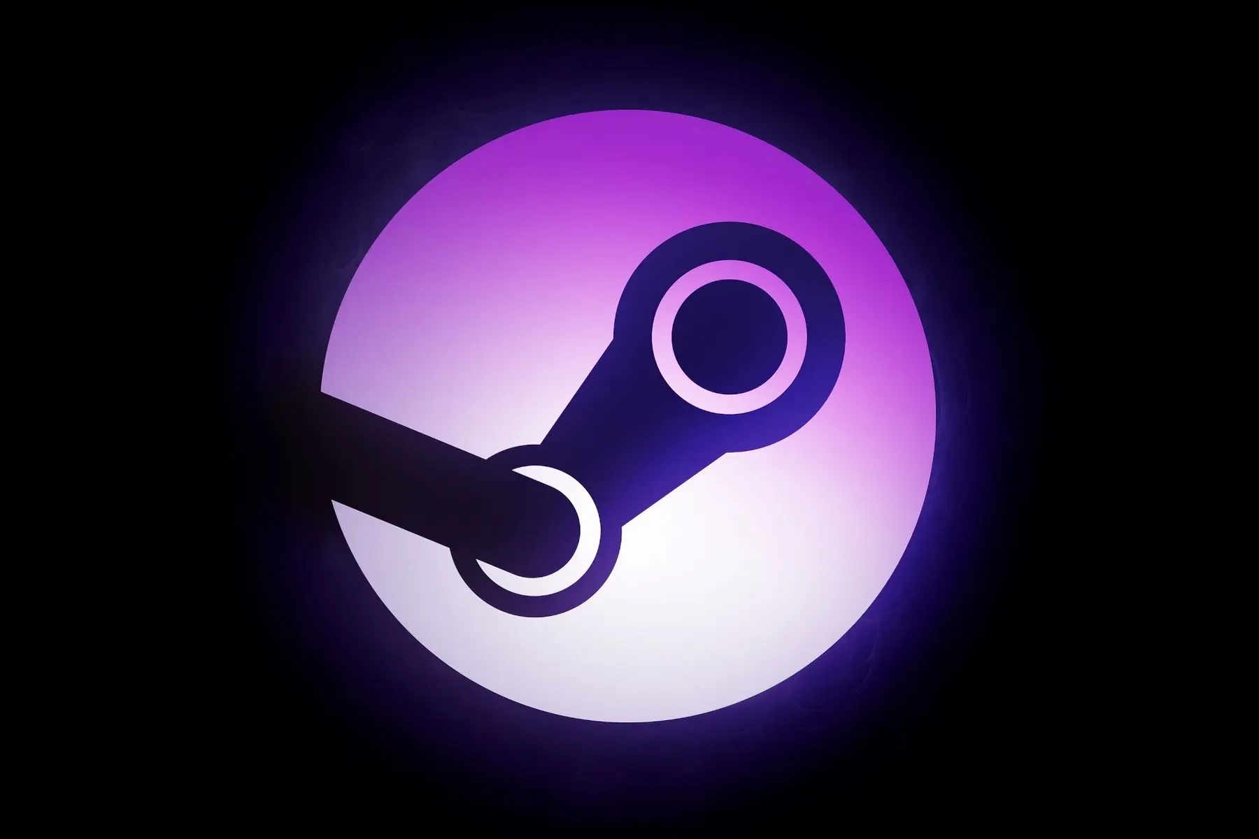 The Steam gaming platform logo centered in a purple and white gradient circle on a black background