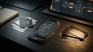 Investigation workspace showing smartphone with delivery app, gift cards, and cryptocurrency evidence under dramatic lighting