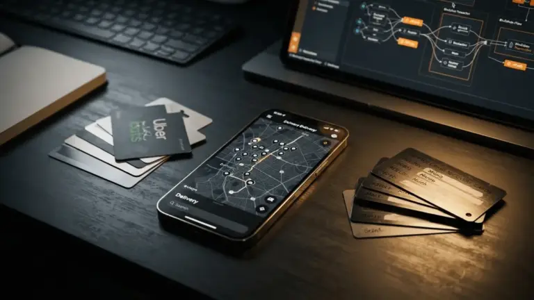 Investigation workspace showing smartphone with delivery app, gift cards, and cryptocurrency evidence under dramatic lighting