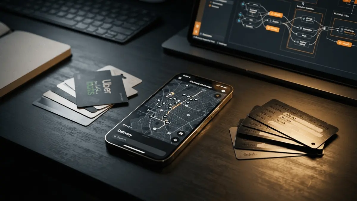 Investigation workspace showing smartphone with delivery app, gift cards, and cryptocurrency evidence under dramatic lighting
