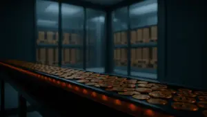 Bitcoin treasury vault with conveyor system moving coins outward, symbolizing institutional shift from buyer to seller