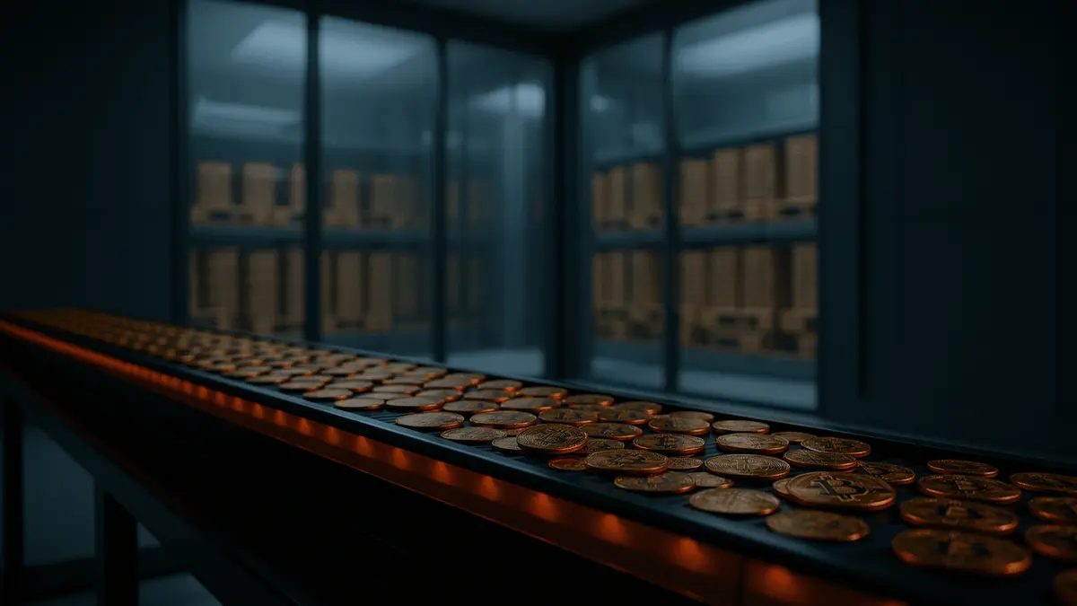 Bitcoin treasury vault with conveyor system moving coins outward, symbolizing institutional shift from buyer to seller