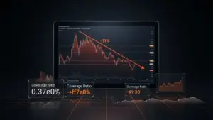 Bitcoin price chart with downward trendline and financial coverage metrics visualization on dark trading screen