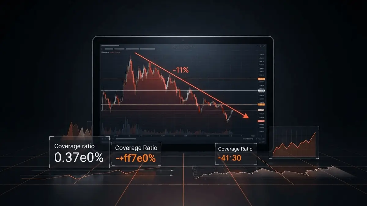 Bitcoin price chart with downward trendline and financial coverage metrics visualization on dark trading screen