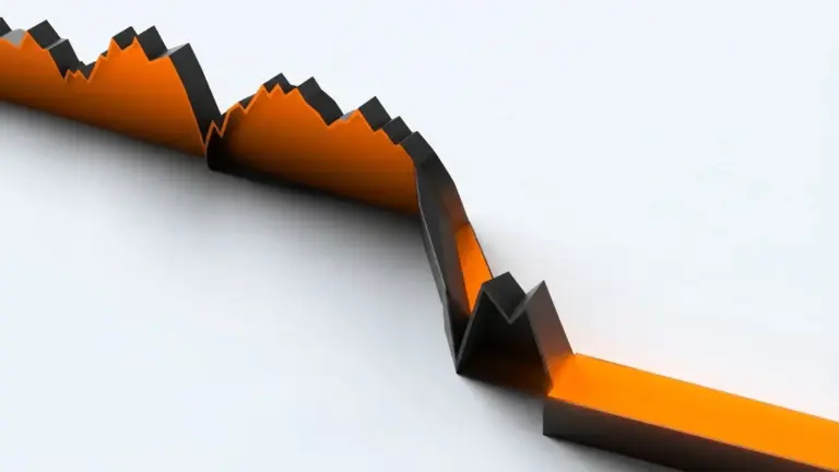 Dramatic 3D graph showing steep Bitcoin price decline toward critical threshold zone in orange and black