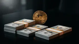 Cash reserves and Bitcoin coin representing corporate treasury strategy balance
