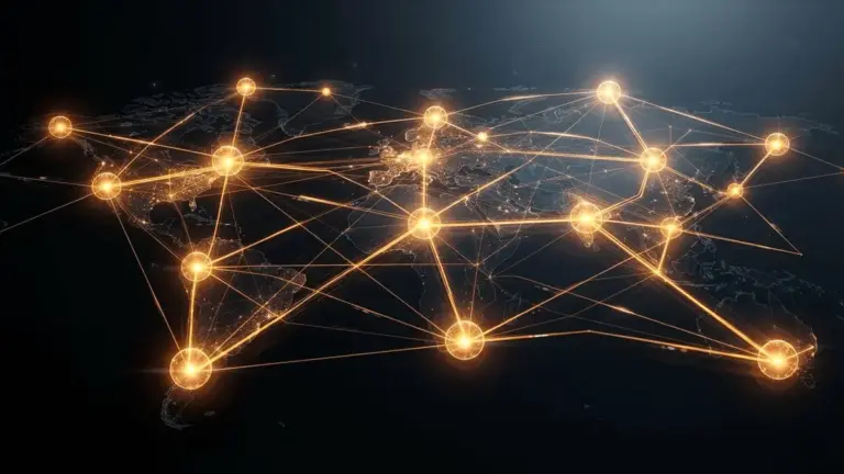 Illuminated blockchain network nodes connected by golden pathways representing global banking infrastructure