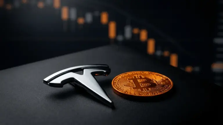 Tesla logo with Bitcoin coin on dark surface with financial chart background