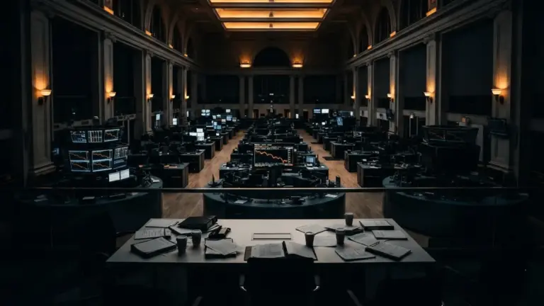Empty NYSE trading floor with red declining charts symbolizing failed Bitcoin merger and market collapse