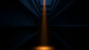 Deep concrete canyon with orange-gold light beam striking the floor, symbolizing Bitcoin's rebound from support levels