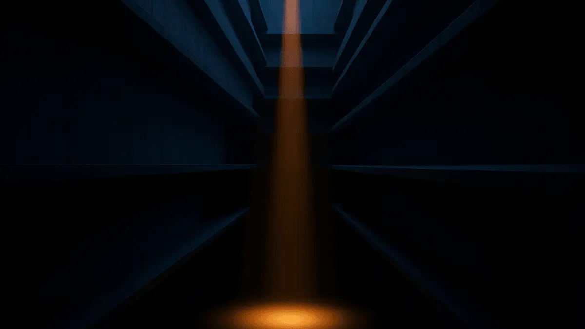 Deep concrete canyon with orange-gold light beam striking the floor, symbolizing Bitcoin's rebound from support levels