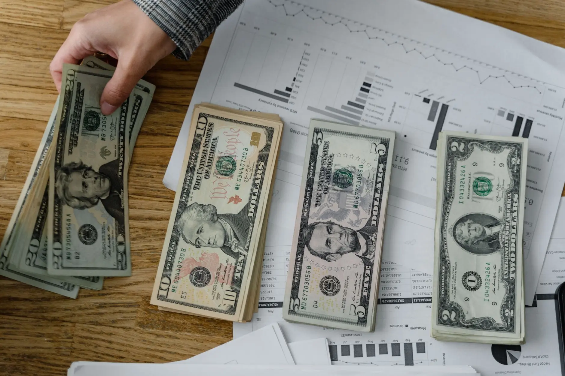 Various US dollar bills on a table with financial documents and graphs.