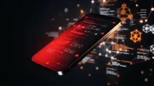 Compromised smartphone showing hacked social media account with blockchain network in background