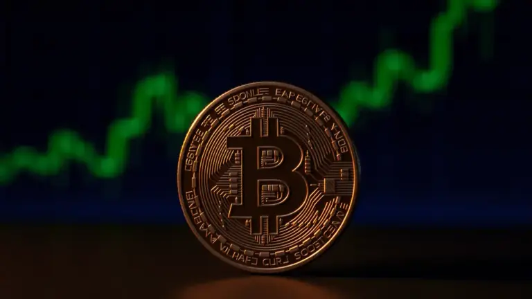 Bitcoin coin on dark surface with rising green chart in background