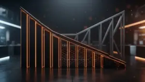 XRP derivatives graph declining with institutional infrastructure rising in dark trading floor environment
