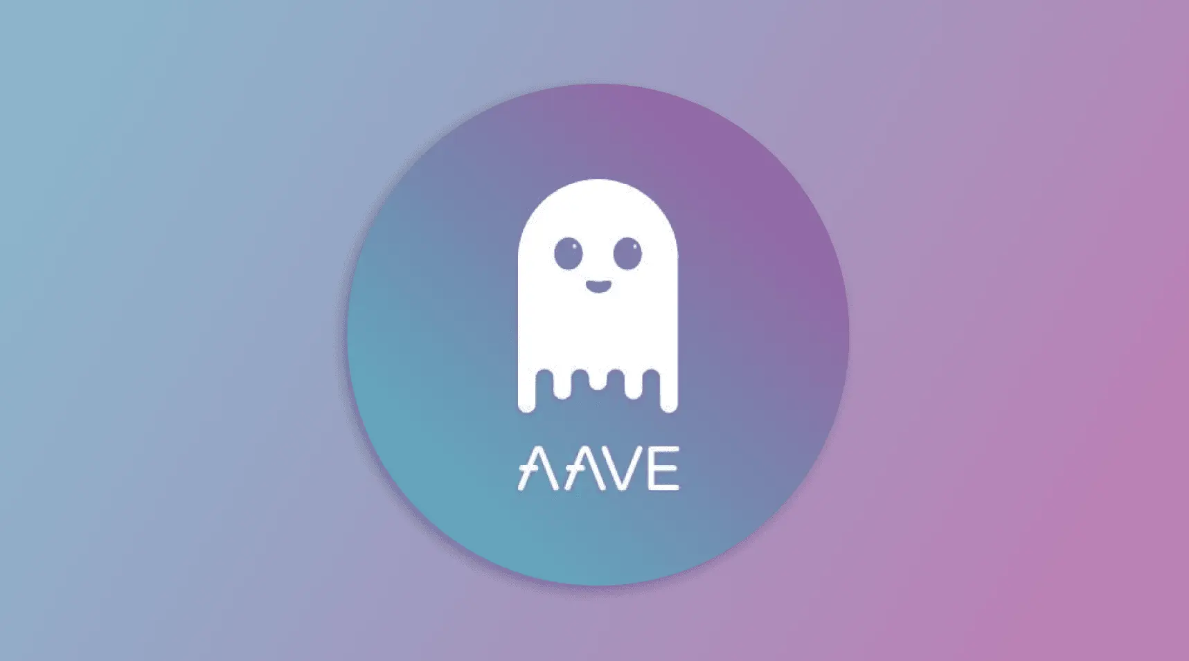 White Aave ghost logo and text centered on a purple and blue circular gradient background