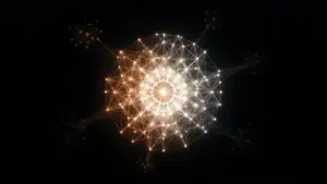 Blockchain network visualization showing disconnecting nodes consolidating into a bright central hub