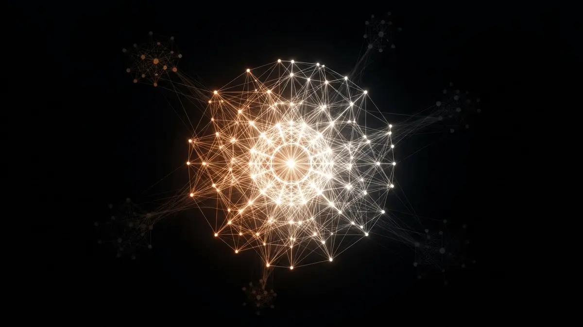 Blockchain network visualization showing disconnecting nodes consolidating into a bright central hub