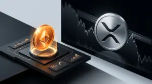 Abstract crypto presale token beside an XRP-inspired market chart testing liquidity resistance