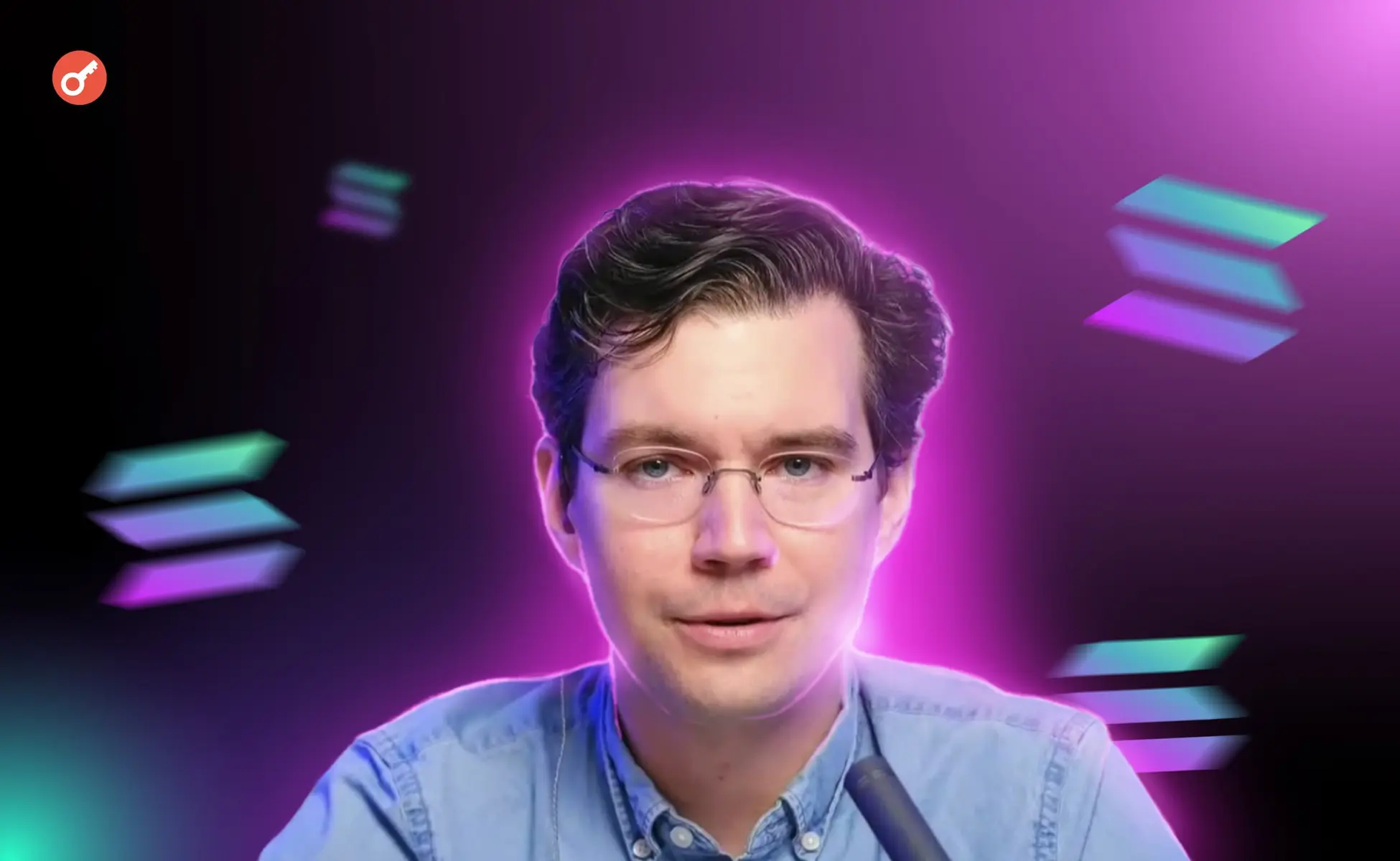 Austin Federa with Solana logos floating in the background on a purple gradient backdrop