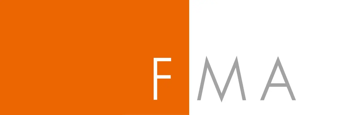The FMA logo featuring the letters FMA in a modern font against an orange and white split background.