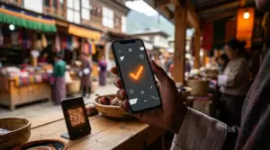 Smartphone making a USDT payment by scanning a QR code at a Bhutanese market merchant