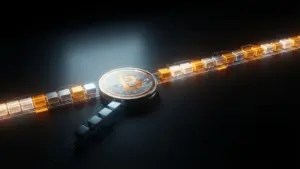 Bitcoin-inspired blockchain splitting into a dominant chain and a stalled minority branch