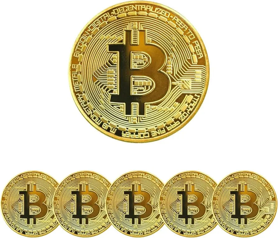 One large gold Bitcoin coin centered above a row of five identical smaller gold Bitcoin coins on a white background