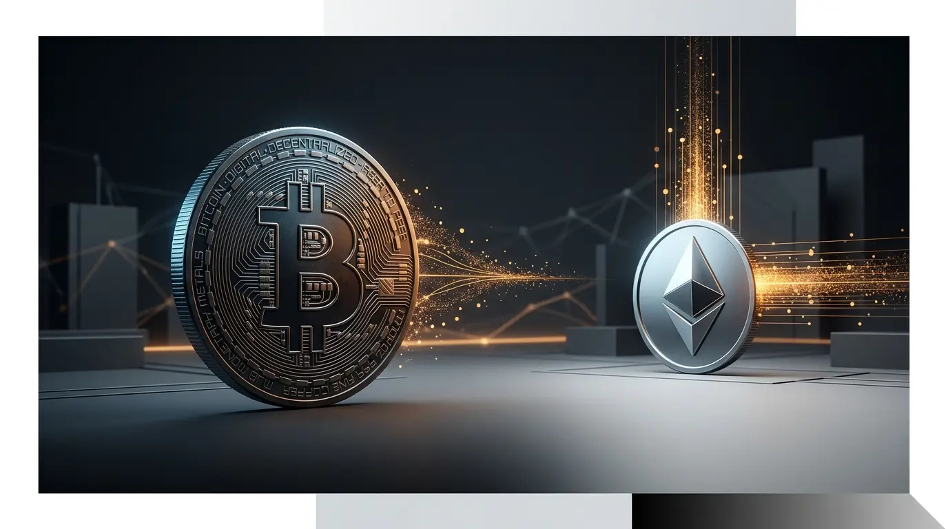 Bitcoin ETF outflows contrasted with steady Ethereum ETF demand in a dark editorial crypto market scene