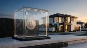 Bitcoin secured in a digital custody vault beside a modern home for a mortgage down payment