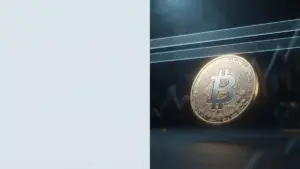 Bitcoin coin approaching technical resistance in a dark financial market setting