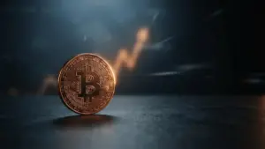 Bitcoin coin illuminated above a dark market surface, symbolizing its recovery amid crypto liquidations and uncertainty.
