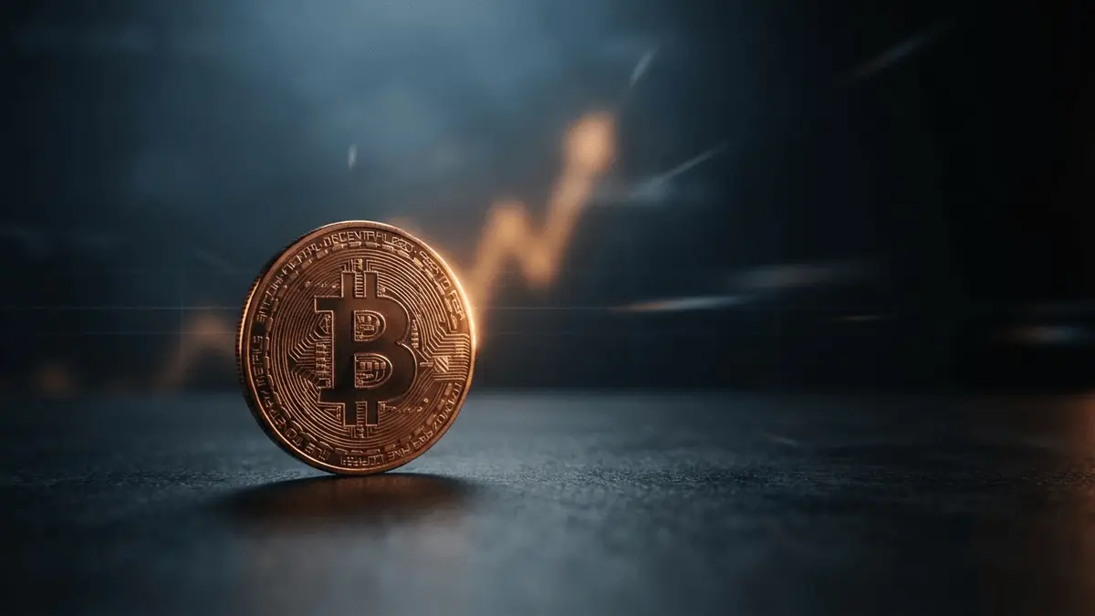 Bitcoin coin illuminated above a dark market surface, symbolizing its recovery amid crypto liquidations and uncertainty.